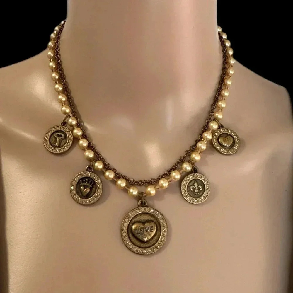 Vintage Y2K Style SISI AMBER Brass Tone Choker Necklace Rhinestone Charms Pearls